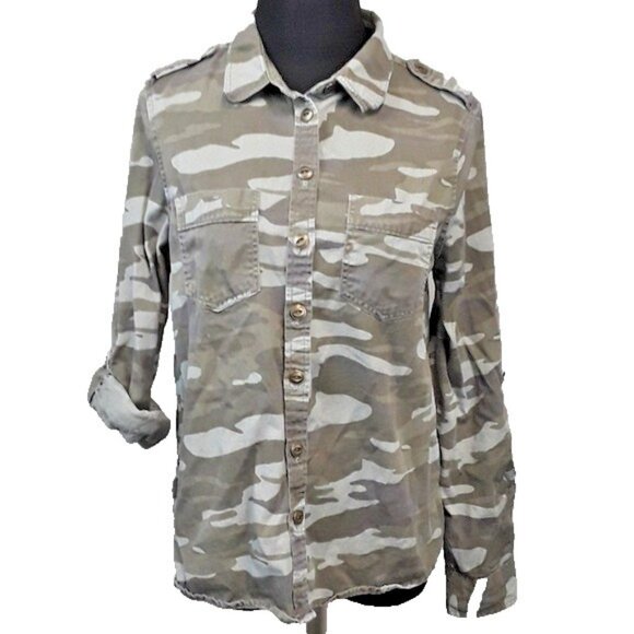 Thread & Supply Womens Button Up Shirt Small Gray Camo Long Sleeve Preppy Casual - Picture 1 of 7